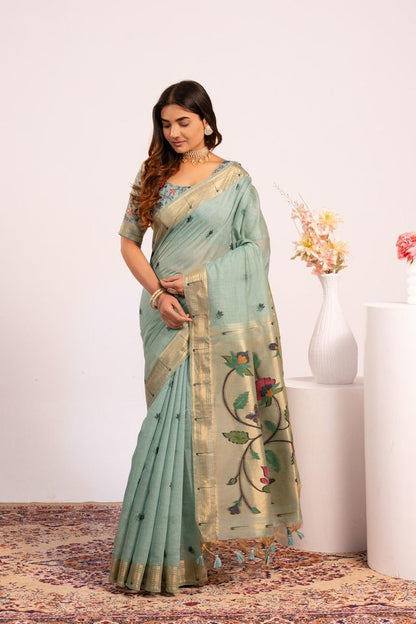 Firozi Color Muga Cotton Fabric Paithani Weaving Designer Partywear Saree