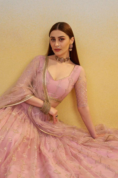 Light Pink Heavy Embroidery Net Semi Stitch A Line Lehenga With Blouse