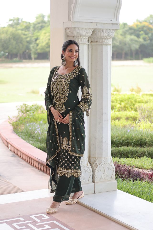 Green Color Faux Georgette Fabric Sequins Embroidered Wedding Ceremonial Sharara Suit