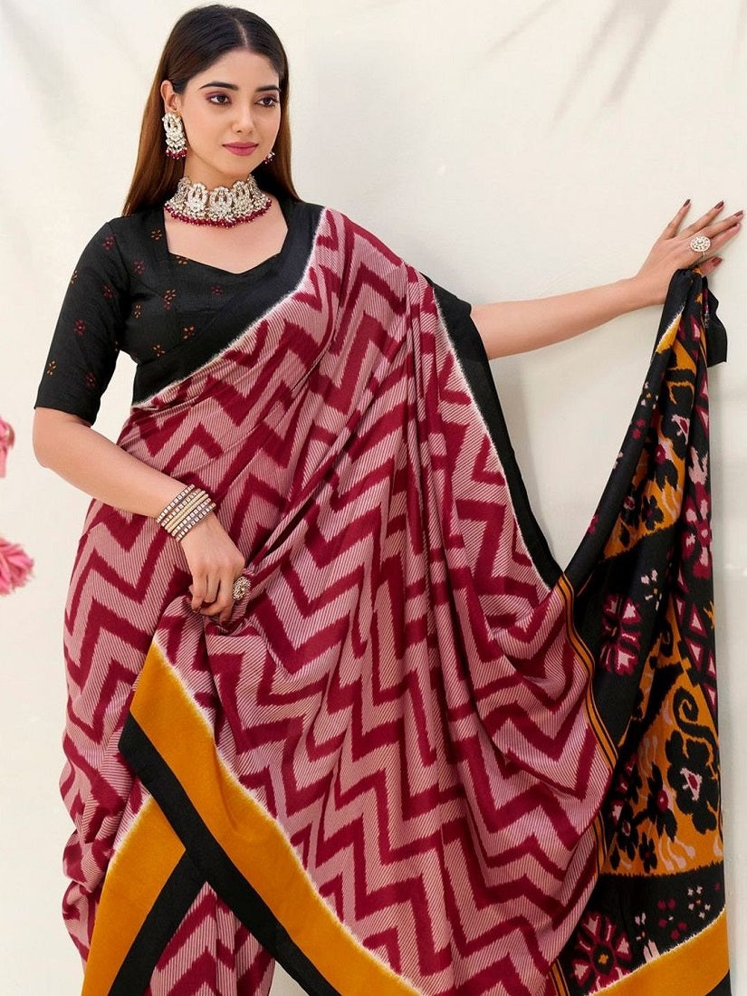 Maroon tassar Silk Leheriya Printed Saree With Unstitched Blouse