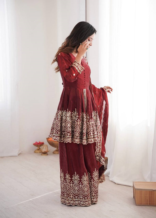 Maroon Fendy Satin With Embroidered Real Mirror Work Plazzo Set