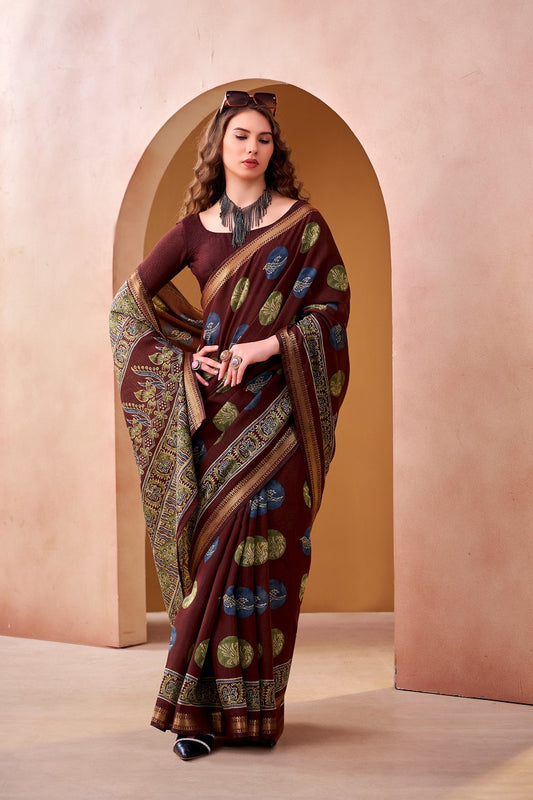 Maroon P.V Chanderi Printed Casual Saree With Unstitched Blouse