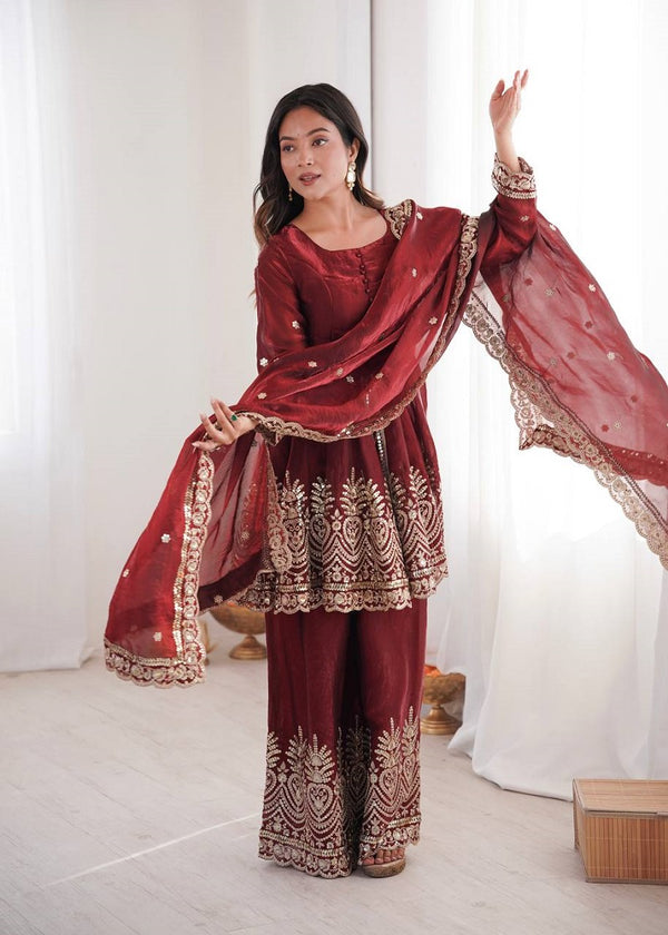 Maroon Fendy Satin With Embroidered Real Mirror Work Plazzo Set