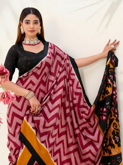 Maroon tassar Silk Leheriya Printed Saree With Unstitched Blouse