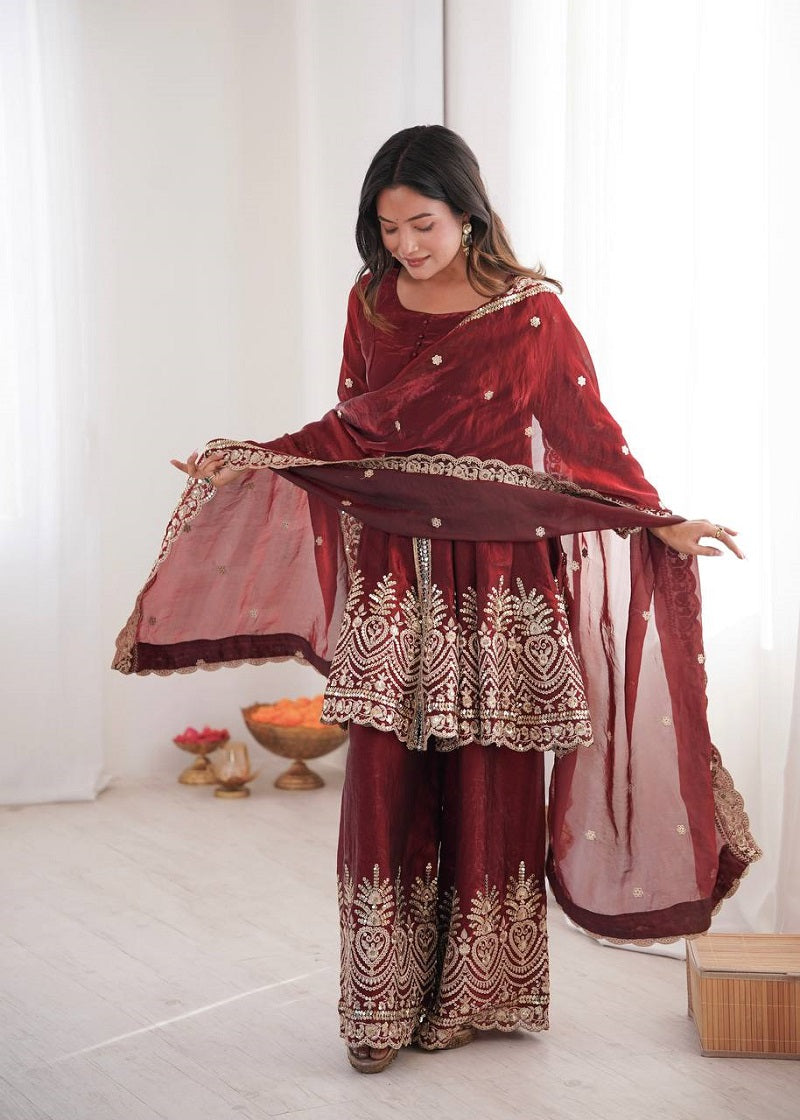 Maroon Fendy Satin With Embroidered Real Mirror Work Plazzo Set