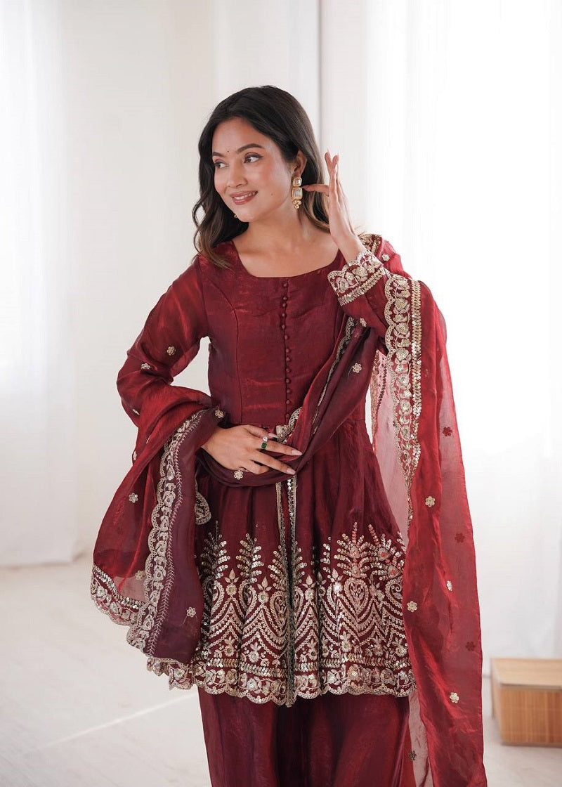 Maroon Fendy Satin With Embroidered Real Mirror Work Plazzo Set