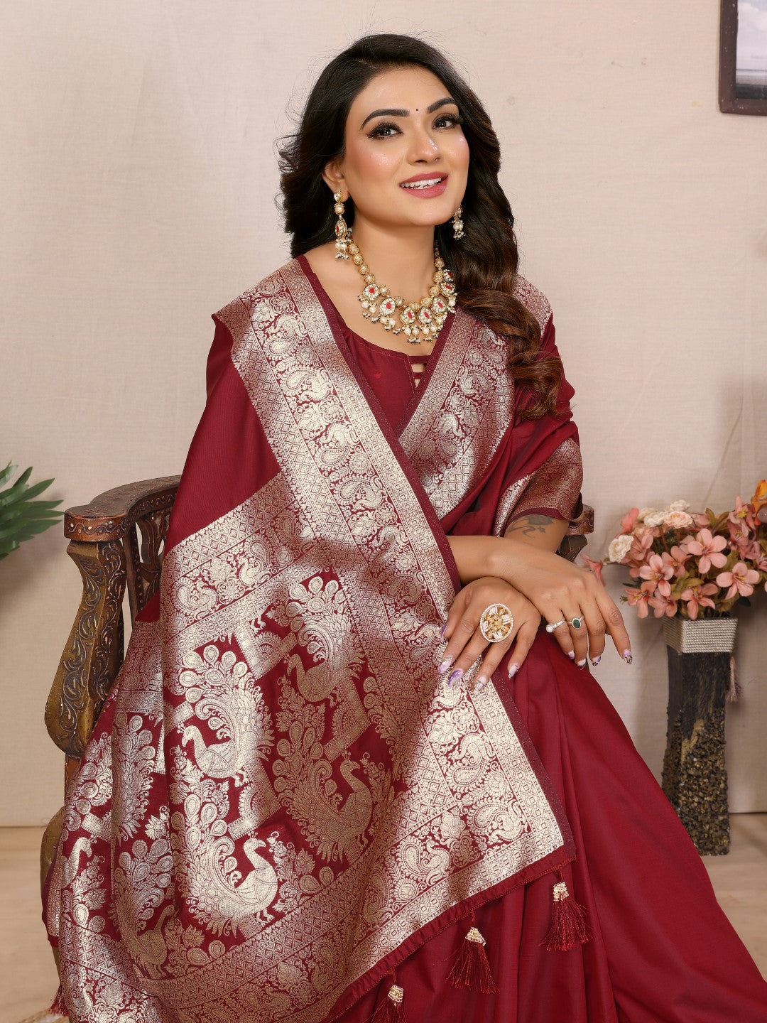 Maroon Banarasi Silk Saree With Weaving Work