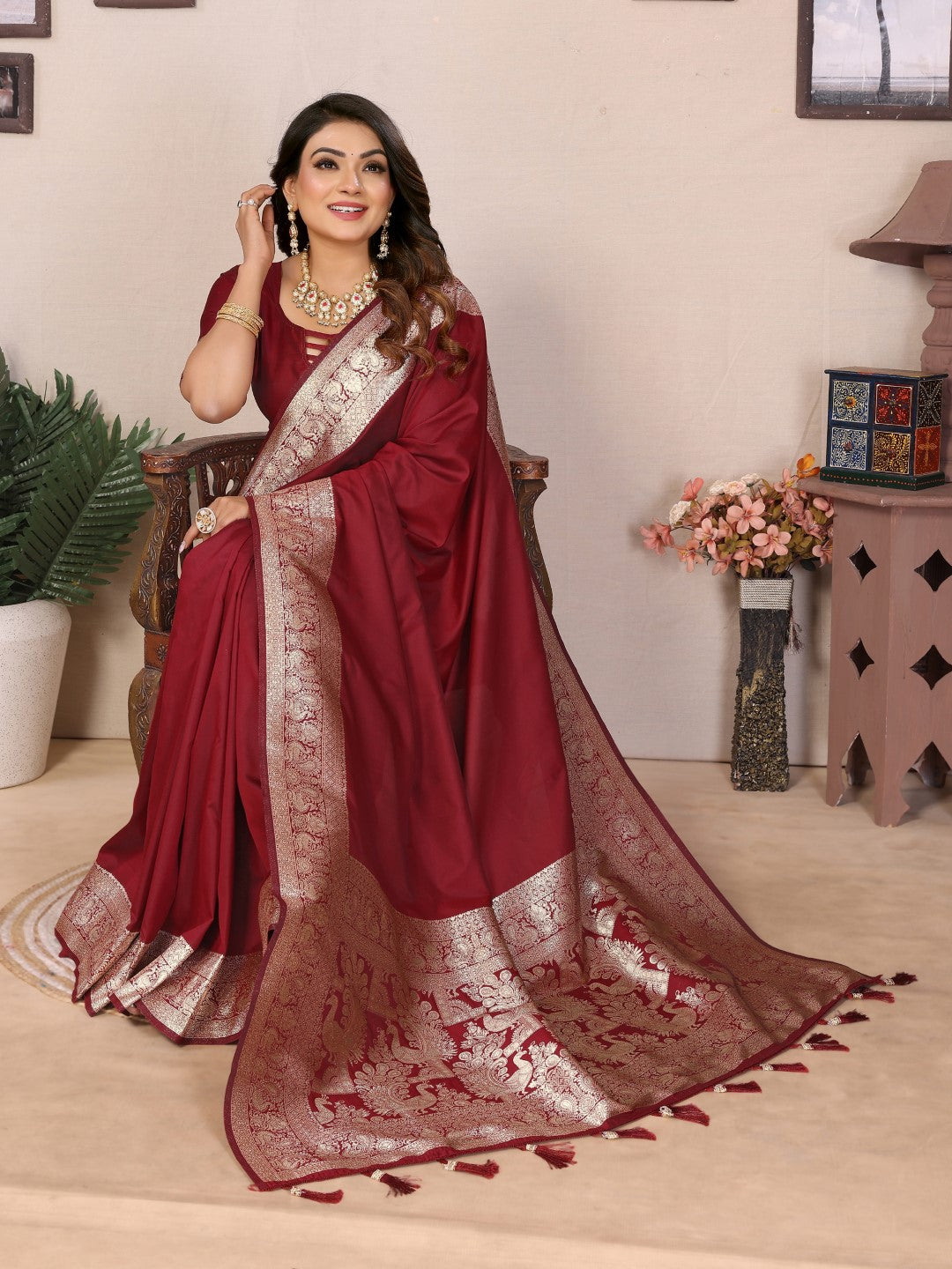 Maroon Banarasi Silk Saree With Weaving Work