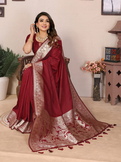 Maroon Banarasi Silk Saree With Weaving Work