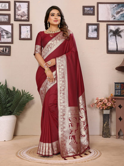 Maroon Banarasi Silk Saree With Weaving Work