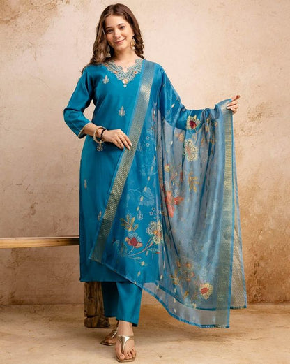 Sky Blue Color Ethnic Silk Blend Fabric Readymade Kurta Set With Dupatta