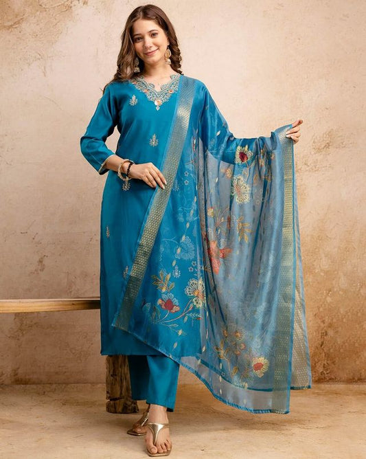 Sky Blue Color Ethnic Silk Blend Fabric Readymade Kurta Set With Dupatta
