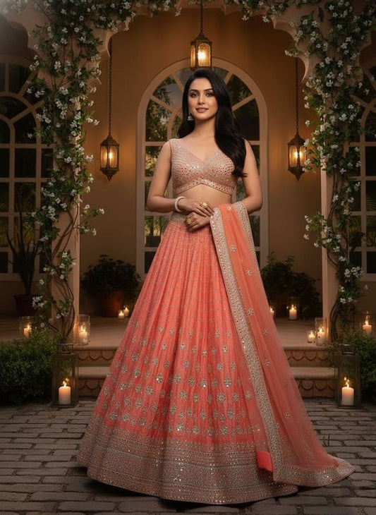 Embroidered Lehenga Set with Dupatta HKV-0070 ORANGE