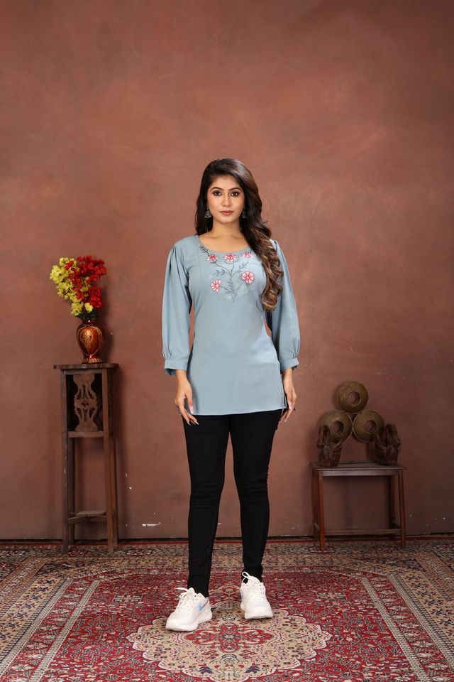 Sky Blue Color Rinkal Cotton Fabric Formal Looking Casual Short Kurta