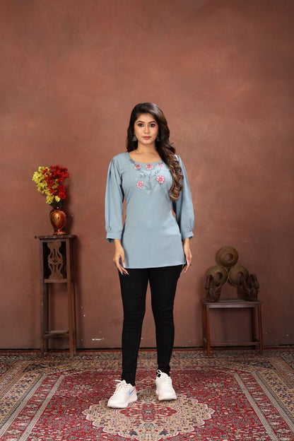 Sky Blue Color Rinkal Cotton Fabric Formal Looking Casual Short Kurta