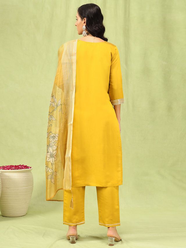 Yellow Color Viscose Roman Silk Fabric Designer Embroidery Work Sophisticated Girlie Salwar Kameez