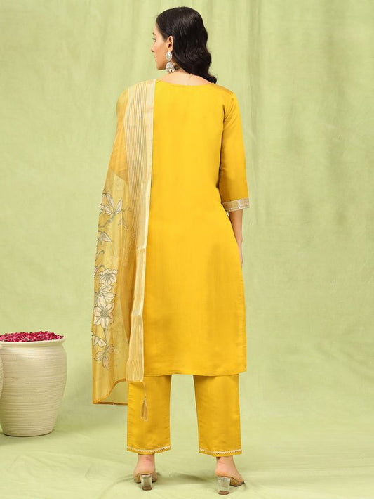 Yellow Color Viscose Roman Silk Fabric Designer Embroidery Work Sophisticated Girlie Salwar Kameez