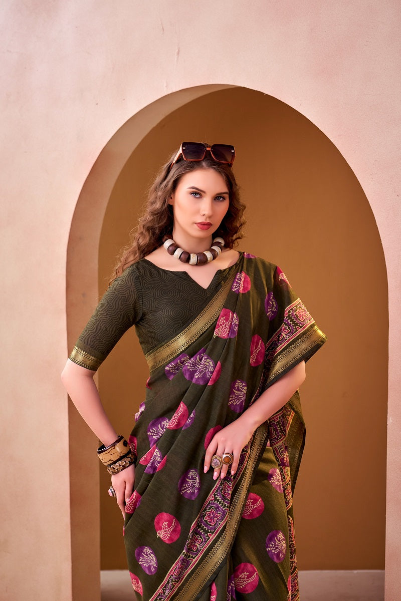 Mehendi P.V Chanderi Printed Casual Saree With Unstitched Blouse