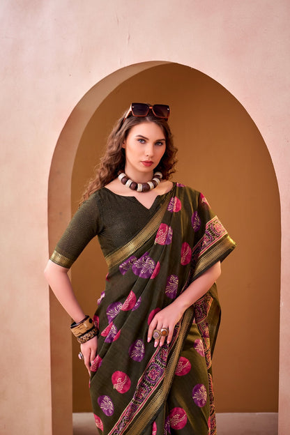 Mehendi P.V Chanderi Printed Casual Saree With Unstitched Blouse