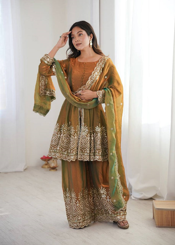 Mehendi Fendy Satin With Embroidered Real Mirror Work Plazzo Set