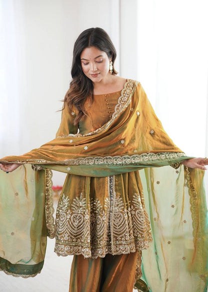 Mehendi Fendy Satin With Embroidered Real Mirror Work Plazzo Set