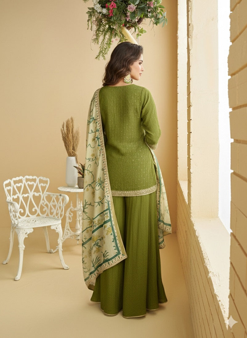 Women's Mehendi Chinon Silk Zari Embroidered Sequins Sharara Suit