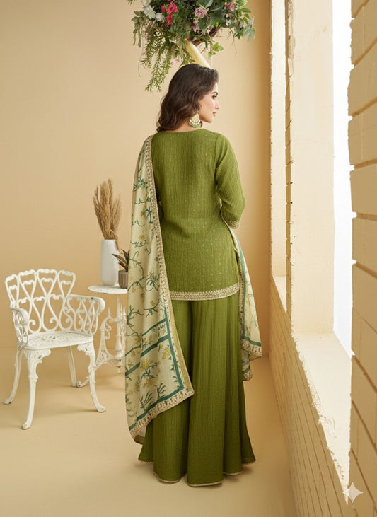 Women's Mehendi Chinon Silk Zari Embroidered Sequins Sharara Suit