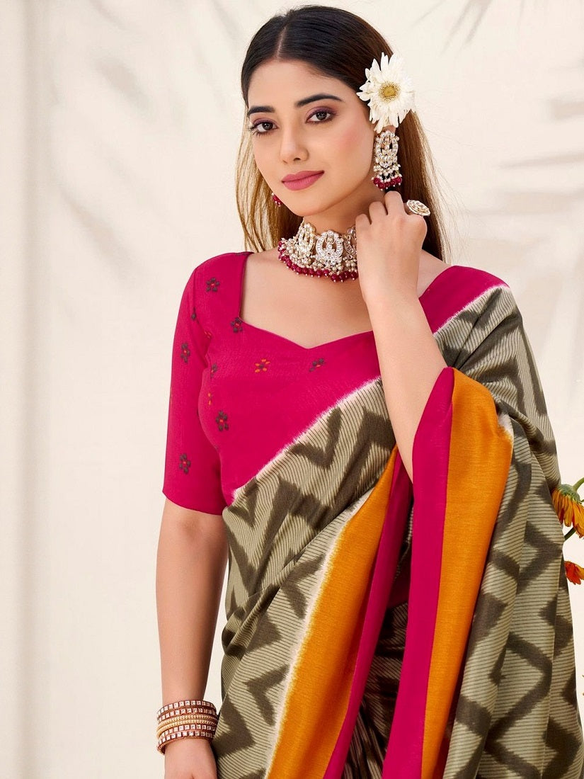 Mehendi tassar Silk Leheriya Printed Saree With Unstitched Blouse