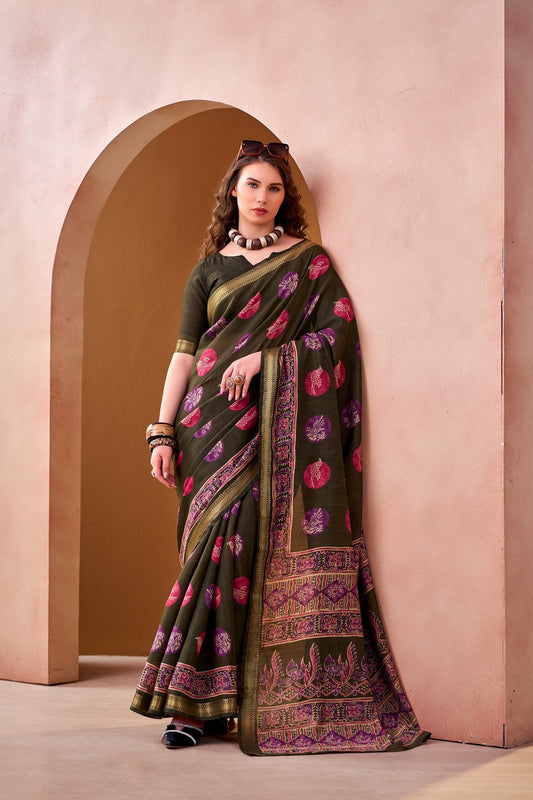 Mehendi P.V Chanderi Printed Casual Saree With Unstitched Blouse