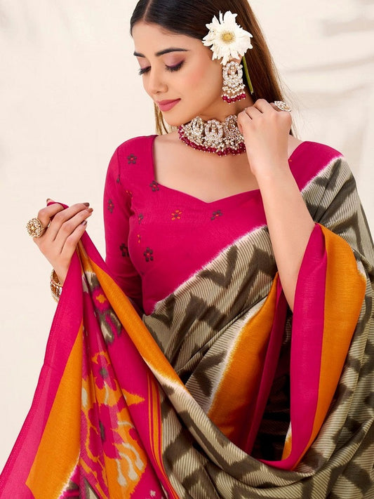 Mehendi tassar Silk Leheriya Printed Saree With Unstitched Blouse