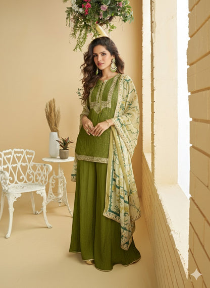 Women's Mehendi Chinon Silk Zari Embroidered Sequins Sharara Suit