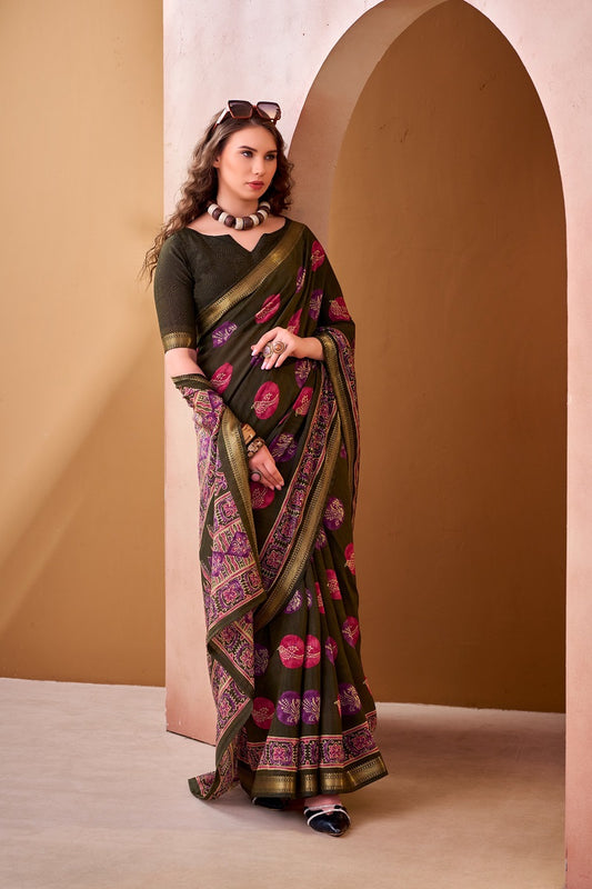 Mehendi P.V Chanderi Printed Casual Saree With Unstitched Blouse