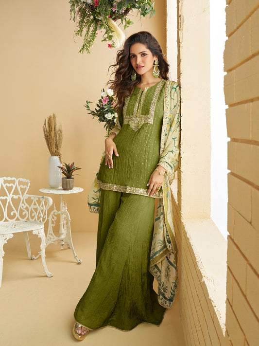 Women's Mehendi Chinon Silk Zari Embroidered Sequins Sharara Suit