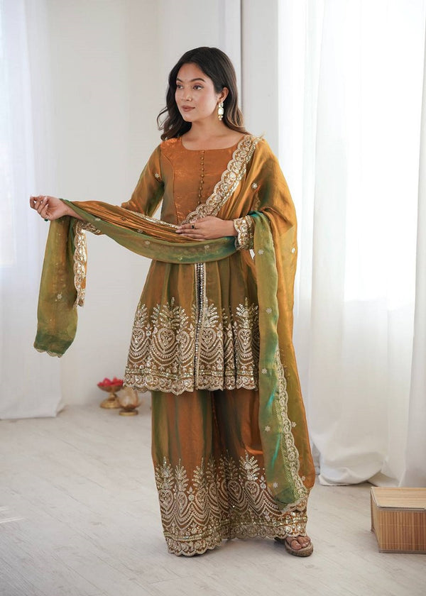 Mehendi Fendy Satin With Embroidered Real Mirror Work Plazzo Set