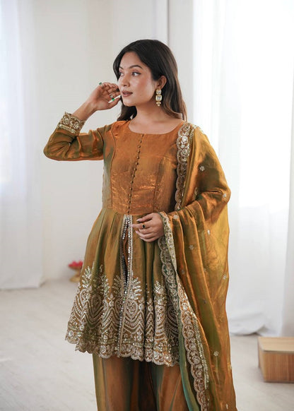 Mehendi Fendy Satin With Embroidered Real Mirror Work Plazzo Set