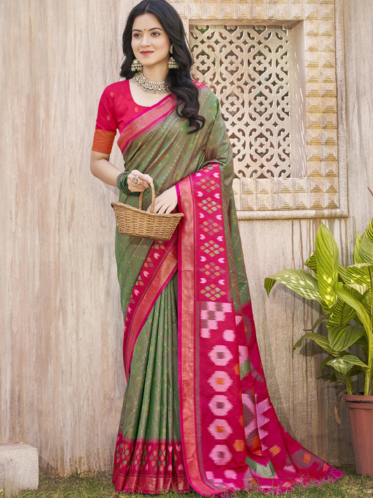 Mehendi Pochampalli Silk Saree with Floral Printed Work with Blouse