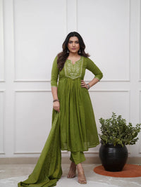 Women's Beautiful Cotton Fabric Embroidery Work Straight Kurta Pant and Dupatta Set