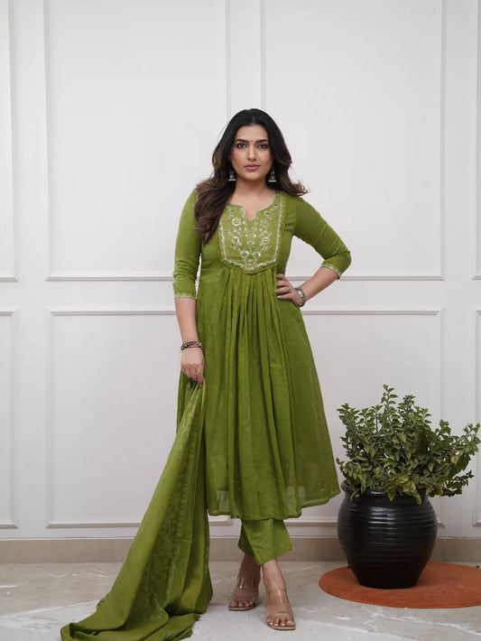 Women's Beautiful Cotton Fabric Embroidery Work Straight Kurta Pant and Dupatta Set