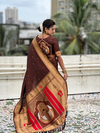 Coffee Color Soft Silk Fabric Woven Paithani Designer Cultural Rich Saree