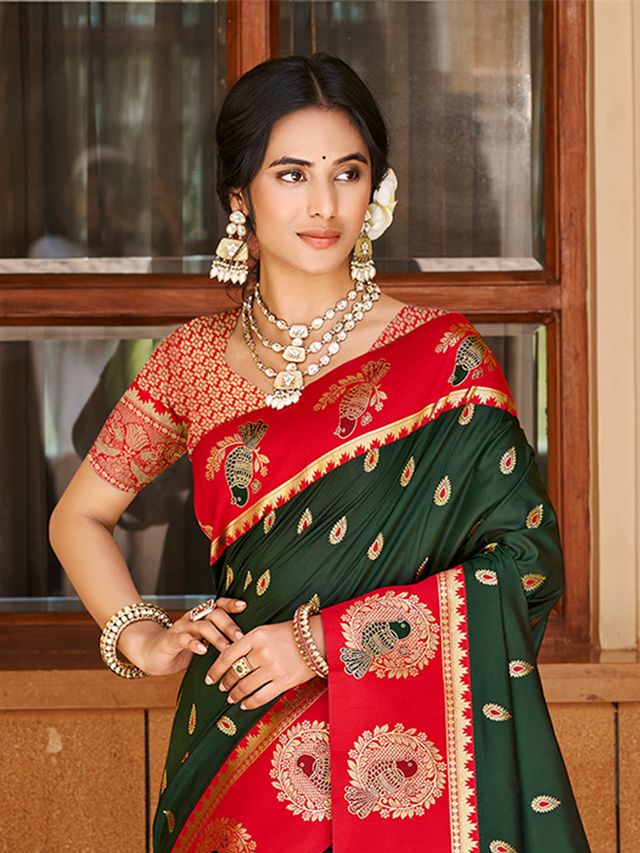 Dark Green Color Ethnic Woven Designer Partywear Saree