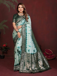 Green Color Satin Silk Fabric Saree For Ethnic Indian Looks