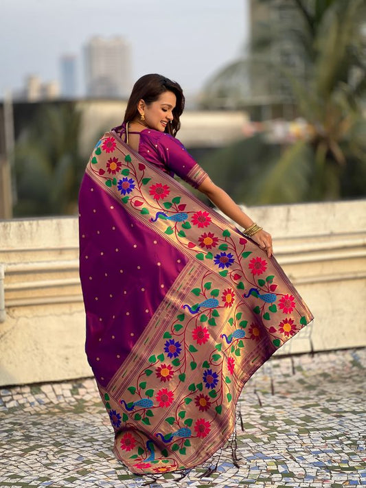 Wine Color Paithani Silk Fabric Woven Designer Partywear Saree