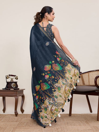 Grey Color Linen Silk Fabric Ethnic Partywear Saree