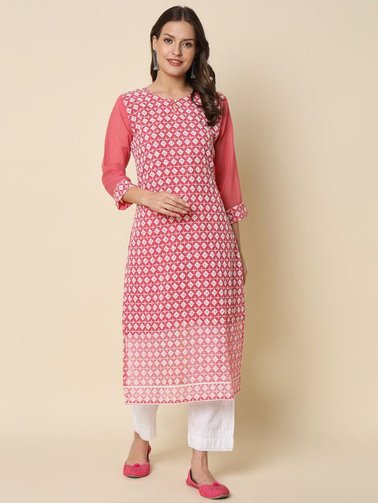 Pink Color Georgette Fabric Chikankari Work Formal Kurta For Girls