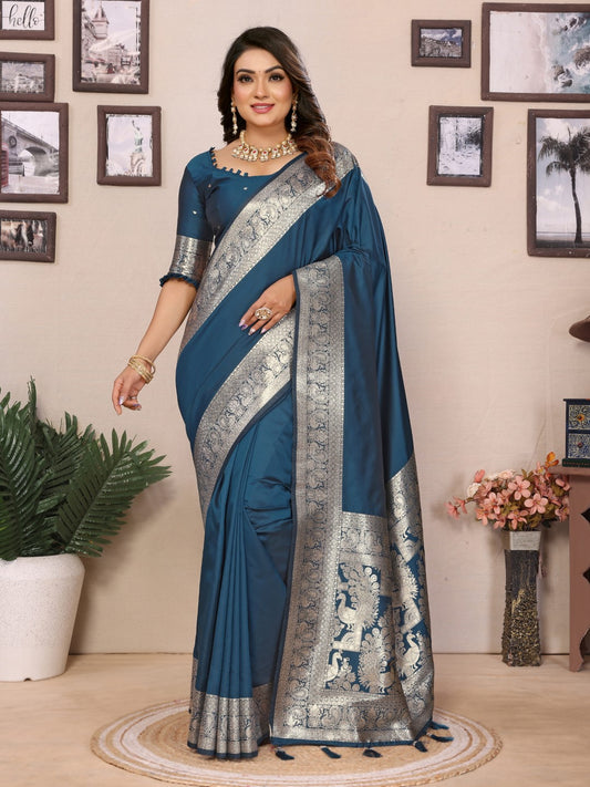 Aqua Blue Banarasi Silk Saree With Weaving Work