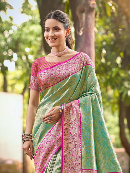 Teal Color Kanjivaram Silk Ethnic Fancy Meenakari Designer Saree