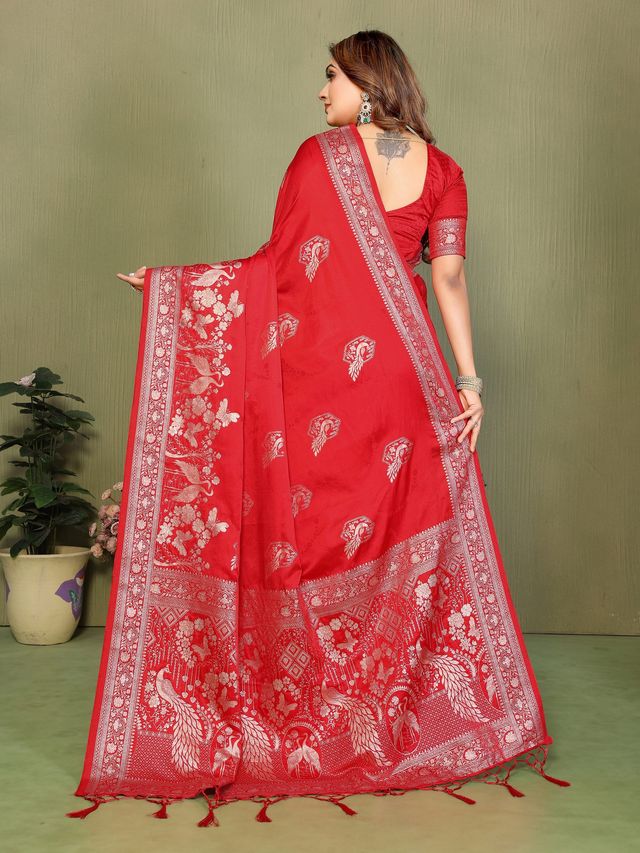 Red Color Satin Silk Fabric Woven Jari Designer Partywear Saree