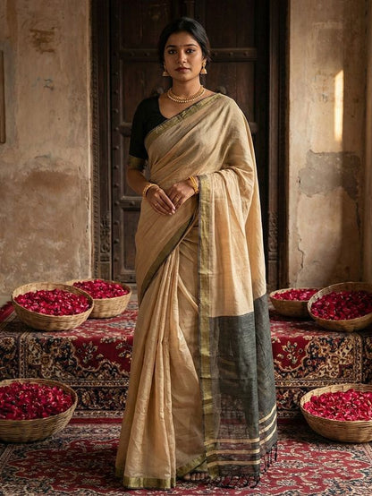 Beige Color Stylish Cotton Woven Designer Partywear Saree