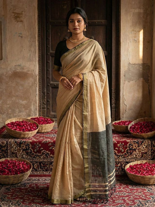 Beige Color Stylish Cotton Woven Designer Partywear Saree