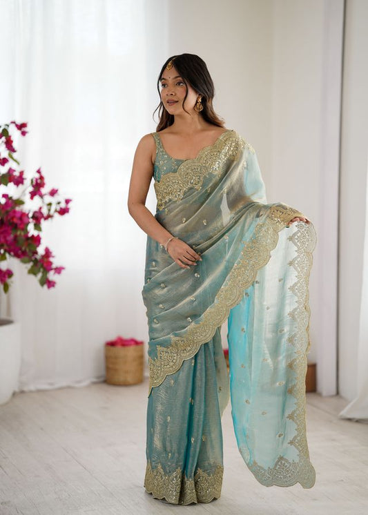 Sky Blue Color Fendy Chiffon Fabric Beautiful Embroidered Saree